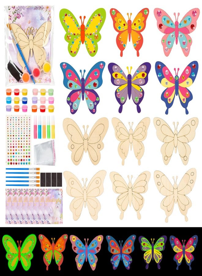 Bafeil 24 Pack Butterfly Party Favors - Non-Toxic Wooden DIY Butterflies Paint Craft - with Magnet Luminous Pen Diamond Sticker - Butterfly Birthday Party Supplies Goodie Bag Gift Prize for Kids Girl Toddler - Image 1